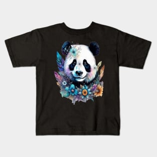 Fantasy, Watercolor, Panda Bear With Flowers and Butterflies Kids T-Shirt